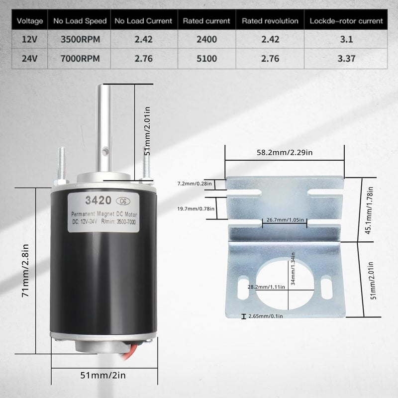 MAKERELE High Torque DC Motor 12V/24V 30W - 3500/7000RPM Permanent Magnet Electric Motor with Cable Connector and Mount (CW/CCW, XD-3420 Type, Conventional Shaft) - Image 2